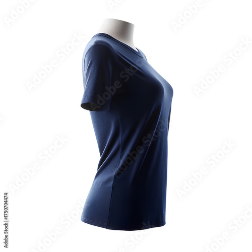 Classic navy blue round neck tee on mannequin, side view, shadowless transparent background
