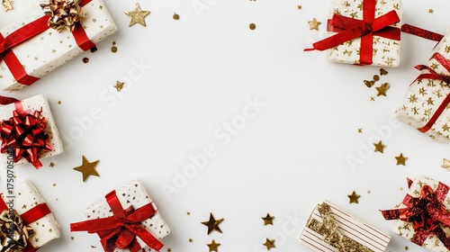 Gift box wrapped with red and gold ribbons on white background, surrounded by sparkling star decorations, creating an elegant Christmas banner design for holiday gifting or festive promotions.