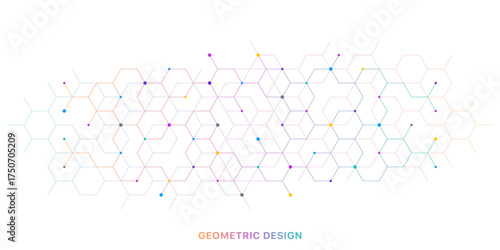 Abstract hexagonal molecular structure with colorful dots on white background