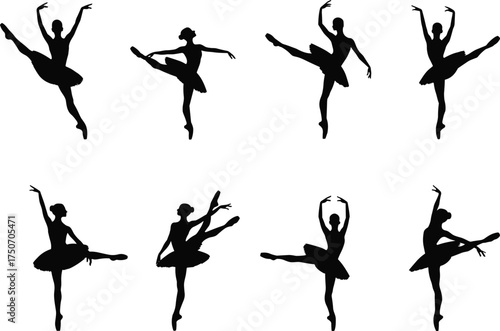 Black ballet dancer silhouettes in elegant poses wearing tutus, showcasing classical dance movements for artistic, educational, and design purposes.