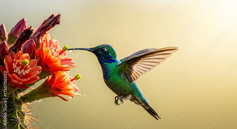 Fototapeta premium Iridescent Hummingbird Feeding on Red Cactus Flowers — Wildlife