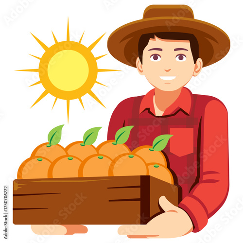 Farmer holding a box of oranges under sunlight icon vector, representing harvest and organic agriculture.
