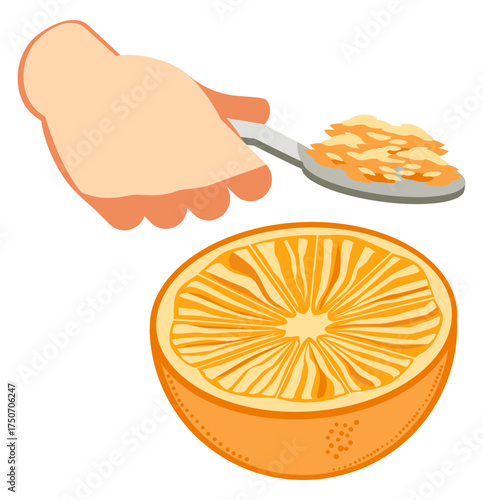 Hand holding spoon icon vector, scooping orange pulp, symbolizing fresh juice texture or natural fiber.