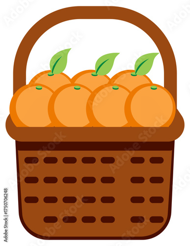 Basket icon filled with fresh oranges vector, symbol of fruit picking, organic farming, or market produce.