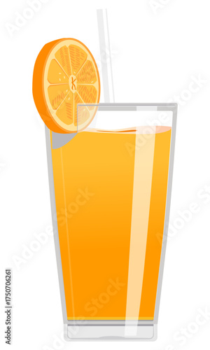 Tall glass icon with straw and orange slice vector, refreshing fruit drink or summer beverage illustration.