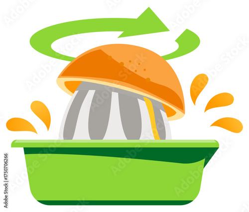 Manual orange juicer icon vector, showing citrus squeezing with splashes for fresh homemade juice.