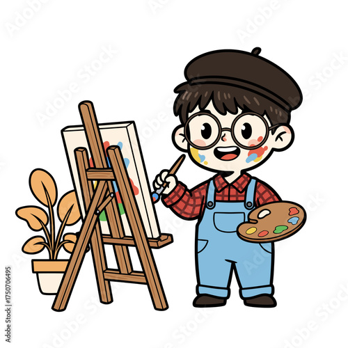 Adorable little boy painter with glasses and beret creating art on a canvas