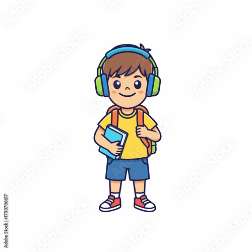 Cute cartoon student boy with headphones and a backpack, smiling and ready for school and learning