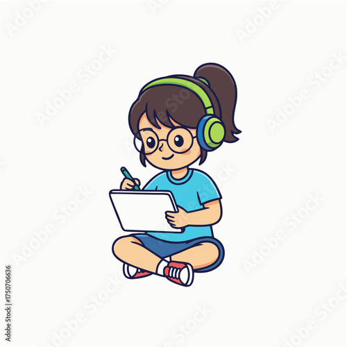 Cute cartoon girl with headphones and glasses drawing on a digital tablet
