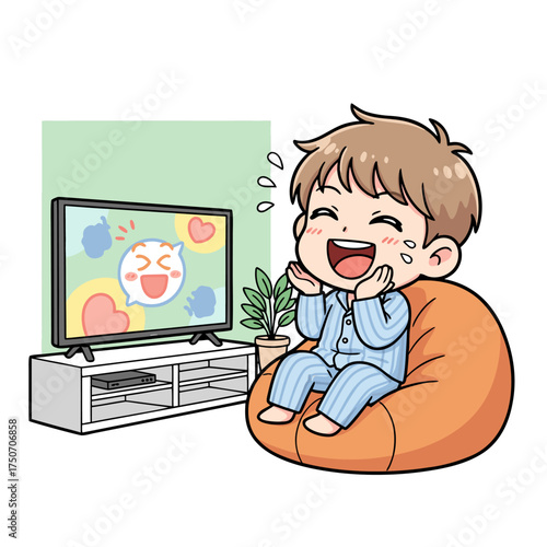 A happy young boy in pajamas laughing uncontrollably while watching a funny show on television