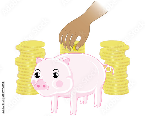Vector illustration design of a pink piggy bank with a human hand filling it with gold coins as a symbol of saving with a background of gold coins.