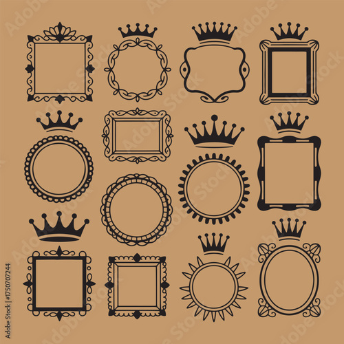 Collection of black ornate frames and crowns on brown background 1
