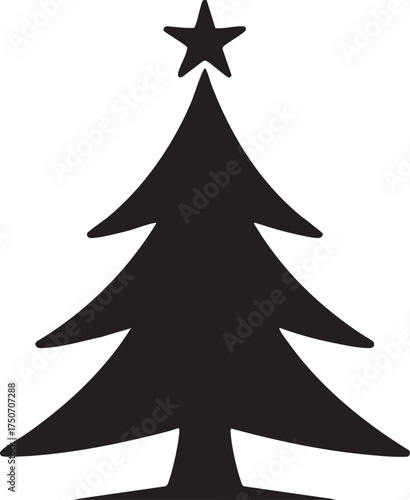 Vector Silhouette of Christmas Tree with Decorative Ornaments and Star Holiday Design