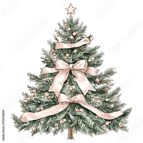 Elegant Watercolor Christmas Tree with Pink Bows and Ribbon
