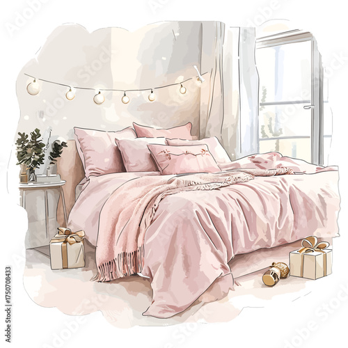 Cozy Watercolor Bedroom with Pink Bedding and Christmas Lights
