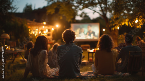 Group watching movie outside on projector screen, Concept of outdoor entertainment
