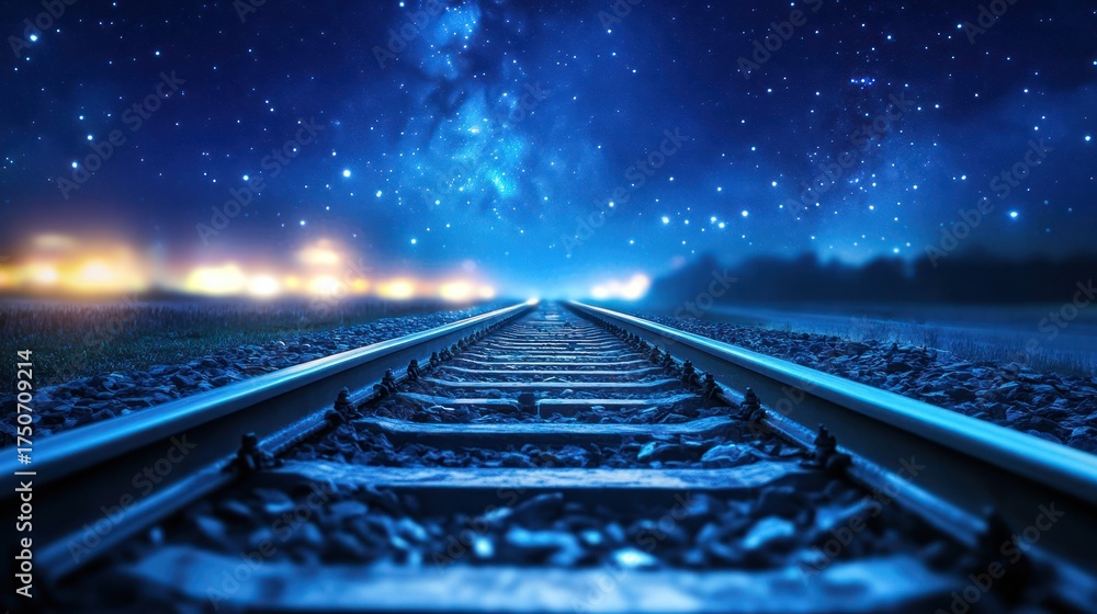 custom made wallpaper toronto digitalNight train tracks, starry sky, distant lights. Possible stock use Transportation, nature, travel, cosmos