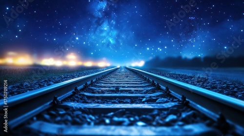 Wallpaper Mural Night train tracks, starry sky, distant lights. Possible stock use Transportation, nature, travel, cosmos Torontodigital.ca