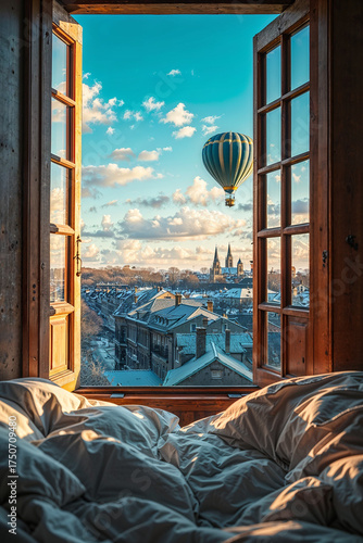 Cozy winter morning view from bed with hot air balloon over snowy city
