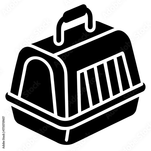 Black silhouette of a pet carrier with a handle and ventilation slots on a white background