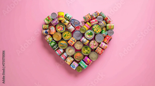 Heart shape made of assorted canned goods on a pink background overhead shot flatlay
