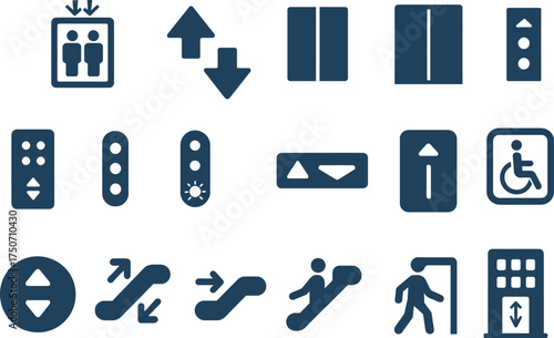 A clean and minimal set of 16 solid color flat icons representing elevators and building vertical transport systems. Plain simple shapes with smooth edges, no gradients, no textures, no raster effects