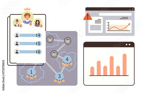 Leaderboard ranking profiles, progress map with locked stages, warning alert on analytics, bar chart for performance. Ideal for gamification, user engagement, competitive analysis, goal tracking
