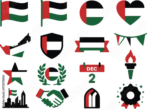 A clean and minimal set of 16 solid color flat icons representing the UAE flag and patriotic elements. Plain simple shapes with smooth edges, no gradients, no textures, no raster effects. Icons includ