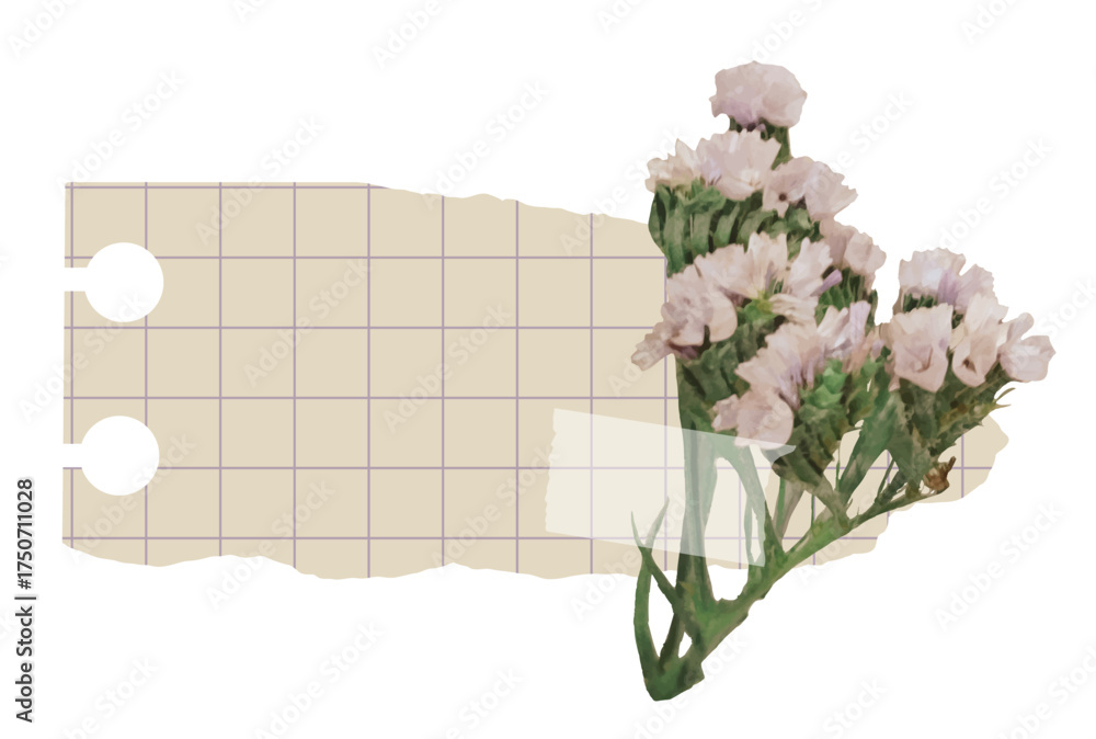 Fototapeta premium Torn notebook checkered paper with dry flower and washi tape on transparent background