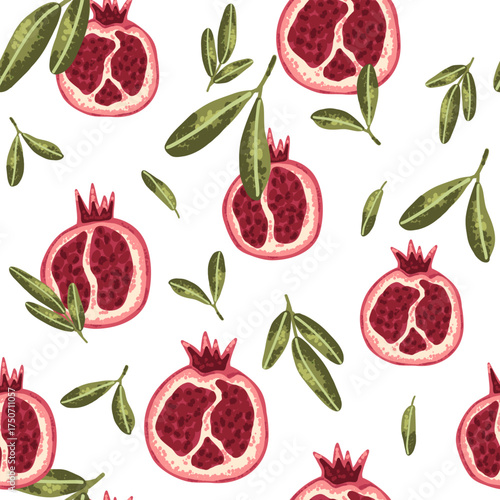 Seamless pattern with half of pomegranate fruit and green leaves in trendy flat style