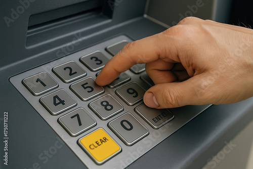 Close-up of a hand entering a PIN on an ATM keypad, focusing on secure banking and transactions.