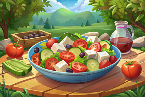 Greek salad with feta cheese, olives, tomatoes, and cucumber, dressed with olive oil fresh Mediterranean cuisine
