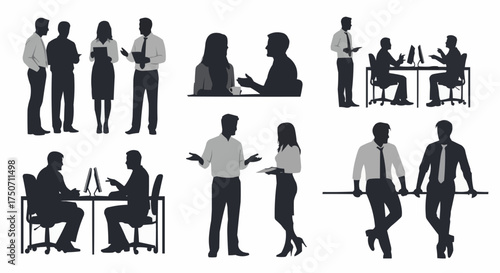 Silhouettes of diverse business people in various professional settings and interactions.