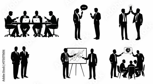 Business professionals in various meeting and presentation scenarios.