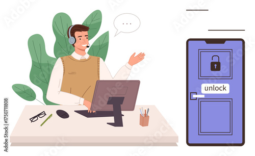 Smiling man with headset at desk, computer, and speech bubble near digital lock. Ideal for customer service, tech support, online help, communication, business assistance, accessibility simple flat