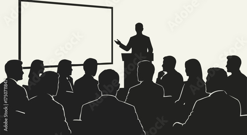 Silhouette of a speaker presenting to an audience in a conference room.