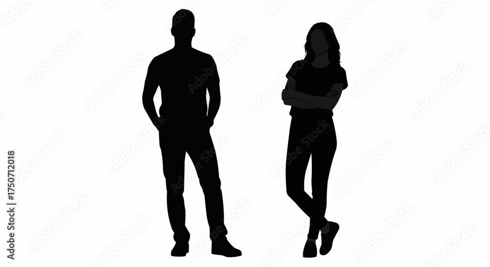 Fototapeta premium Full body silhouettes of a man and a woman standing together.