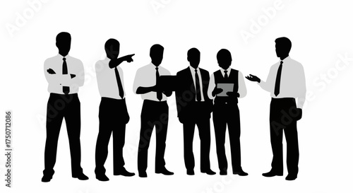 A group of six businessmen standing together in silhouette form.