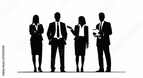 Business professionals in silhouette, standing together, ready for work, teamwork concept.