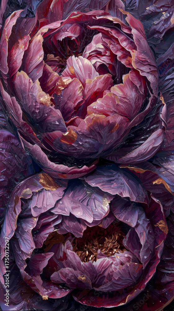Obraz premium Luxurious textured painting of peonies in deep violet and cinnamon shades,