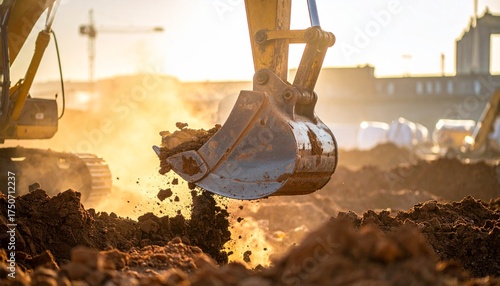 Close-up view of a backhoe bucket digging into soil at an active construction site. The powerful excavator arm lifts dirt and rocks, showcasing the strength and precision of earth-moving machinery. In
