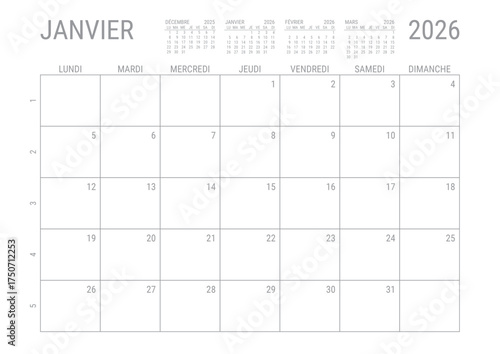 Janvier 2026 Calendrier Mensual Planificateur avec Numero de Semaine à imprimer A4	