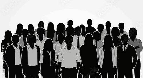 Group of people standing together in a crowd, silhouette style.