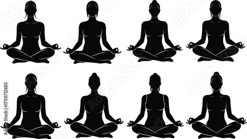 Black Silhouettes of Diverse People Meditating in Lotus Pose for Yoga, Mindfulness, Wellness, Spiritual Calm and Inner Peace Vector