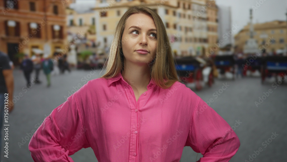 Fototapeta premium Woman standing outdoors in city street wearing pink shirt with closed eyes expressing frustration amidst blurred urban background.