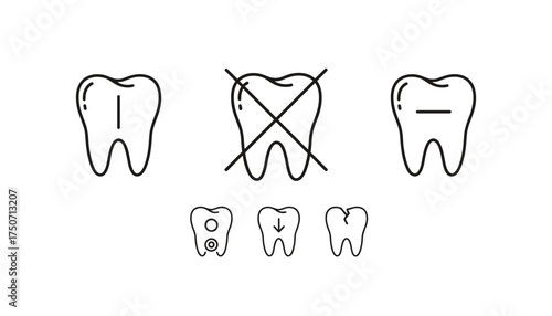 Tooth dental line icon set vector. Dentistry, stomatology oral health symbols. Caries, decay, extraction, cracked tooth, implant. Dentist clinic logo elements collection.