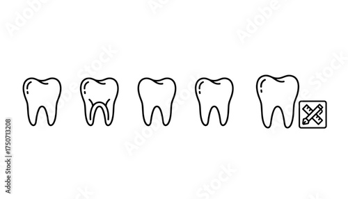 Tooth icon set in thin line style. Vector illustration of dental care concepts, molar anatomy, root canal, and healthy teeth. For dentist clinics, oral hygiene, and stomatology.