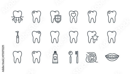 Dental care thin line icon set. Dentistry and stomatology vector symbols. Oral hygiene, tooth treatment, caries, dental floss, toothbrush, paste and healthy smile icons.
