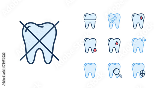 Dental care icon set. Vector teeth collection for dentistry and stomatology. Tooth problems like caries, cavity, bleeding gum, and treatment. Dentist checkup, protection, and health symbols.