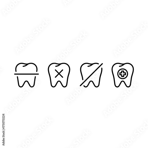 Vector set of tooth line icons. Dental care and stomatology symbols. Healthy tooth, caries, decay, extraction, and treatment pictograms. Simple outline icons for dentistry clinic.